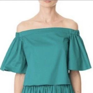 Tibi Off Shoulder Cotton Poplin Short Sleeve Top, Teal Green, Size 2